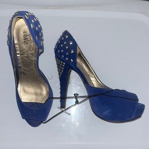 Blue suede studded heels